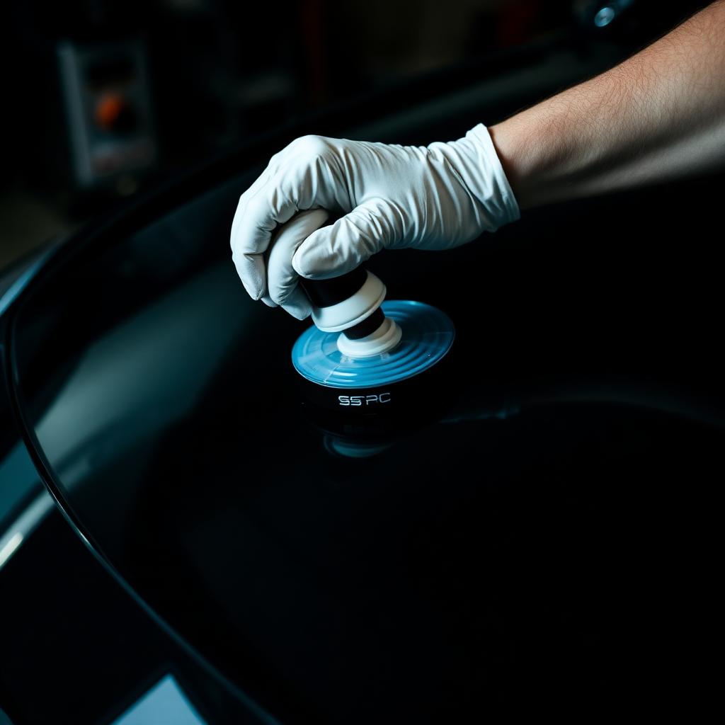 Ceramic coating being applied by hand to a freshly polished black hood.