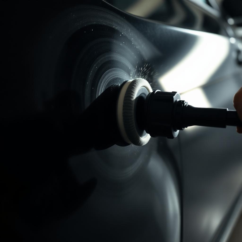 Machine polishing removing swirls from dark paint during paint correction.