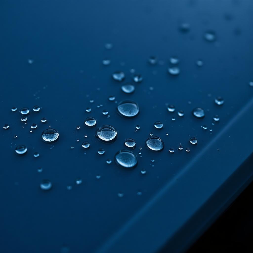 Water beading on a freshly ceramic-coated deep blue panel.